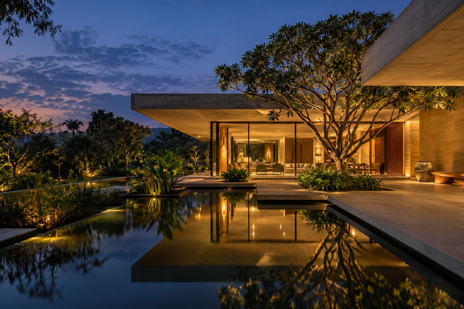 Contemporary courtyard residence with illuminated sandstone pavilion and reflecting pool