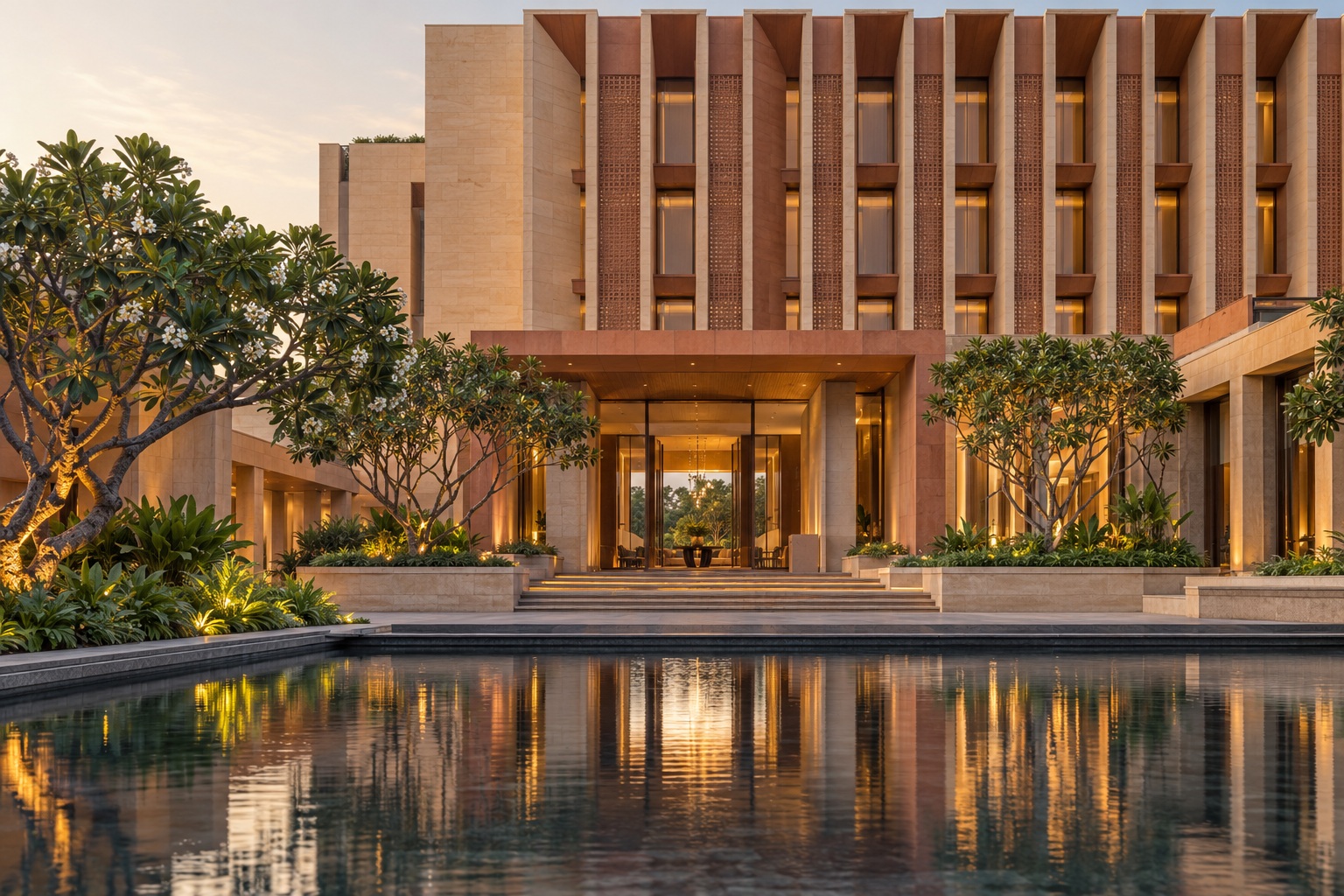 Boutique hospitality concept with sandstone facade and landscaped arrival court