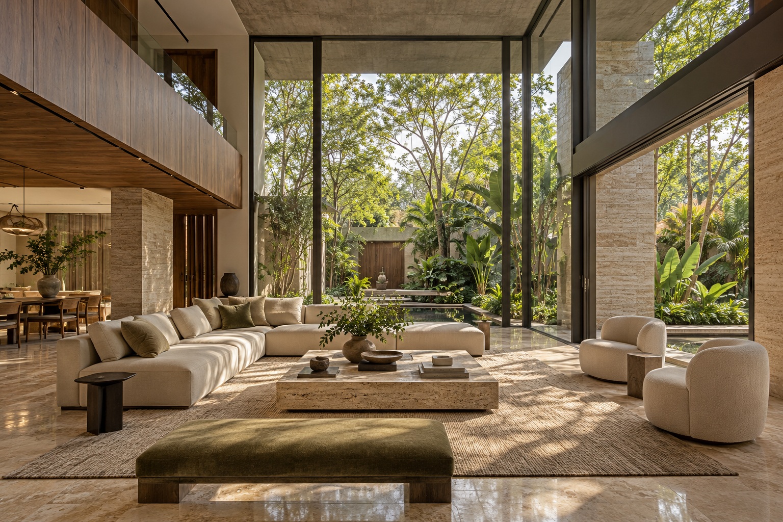 Warm double-height living room opening into a tropical garden